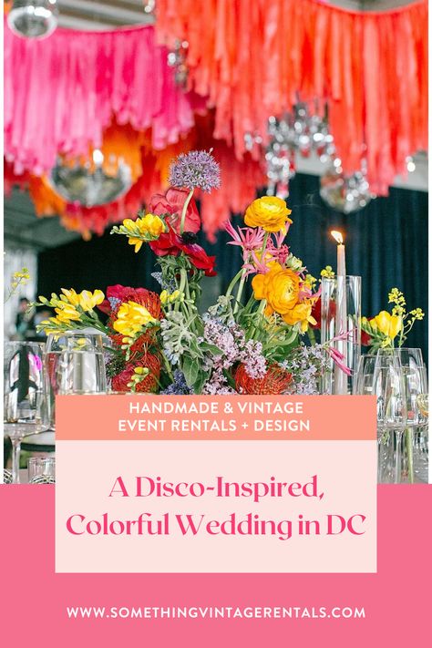 Colorful, disco themed wedding ideas. Industrial wedding venue in Washington, DC, Dock 5. Bright, vibrant event decor, florals, candles & disco ball centerpieces, hanging disco ball & tinsel streamers installation. Something Vintage Rentals is the East Coast's premier event rental & decor company. High-quality, unique & creative furniture & decor to rent for weddings, corporate events & parties. Trend-setting event rental pieces & decor for rent, custom decor, backdrops, displays & furniture. Disco Wedding Centerpieces, Disco Ball Wedding Reception, Disco Ball Centerpiece Ideas, Disco Centerpieces, Disco Ball Centerpieces, Disco Theme Wedding, Disco Ball Centerpiece, Tinsel Streamers, Hanging Disco Balls