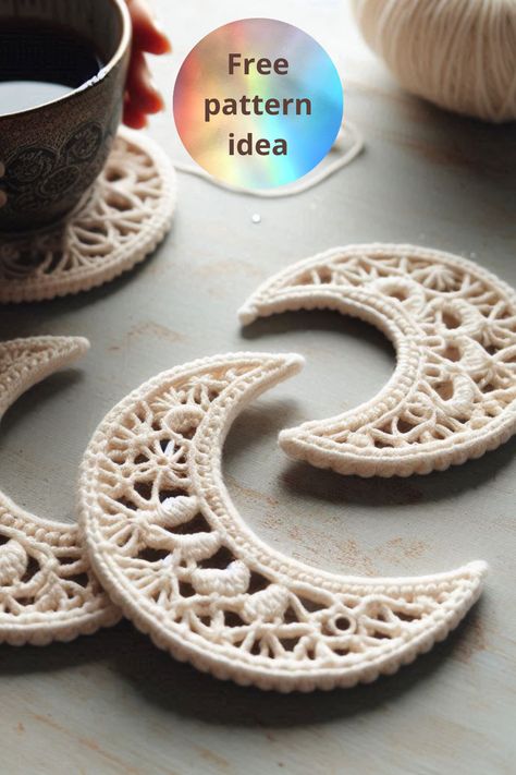 Crochet a set of elegant crescent moon coasters with this simple and stylish pattern. Perfect for adding a celestial touch to your home décor! Crochet Crescent Moon, Crochet Moon, Crochet 101, Crochet Design Pattern, Crochet Cap, Crochet Coasters, Loom Knitting, Yarn Crafts, Crochet Crafts