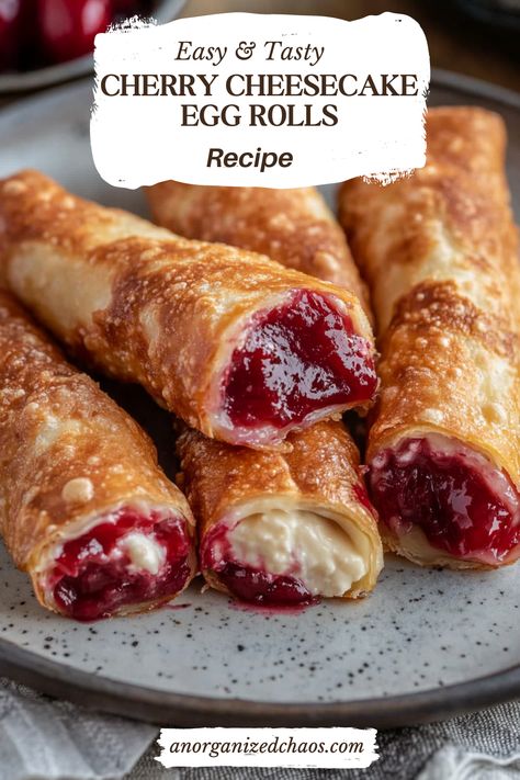 Cherry Cheesecake Egg Rolls offer a delightful twist on the traditional Asian appetizer! Packed with a tart cherry filling and luscious cream cheese, these crispy treats are easy to prepare and can be pan-fried, air-fried, or baked. Wrapped in wonton skins and sprinkled with cinnamon sugar, these dessert egg rolls are a quick and delightful Apple Cream Cheese Egg Rolls, Cherry Cheesecake Egg Roll Recipe, Cherry Cream Cheese Egg Rolls, Strawberry Egg Rolls, Egg Roll Desserts, Cheesecake Egg Rolls Recipe, Football Game Food Ideas Easy, Fruit Egg Rolls, Sweet Egg Rolls