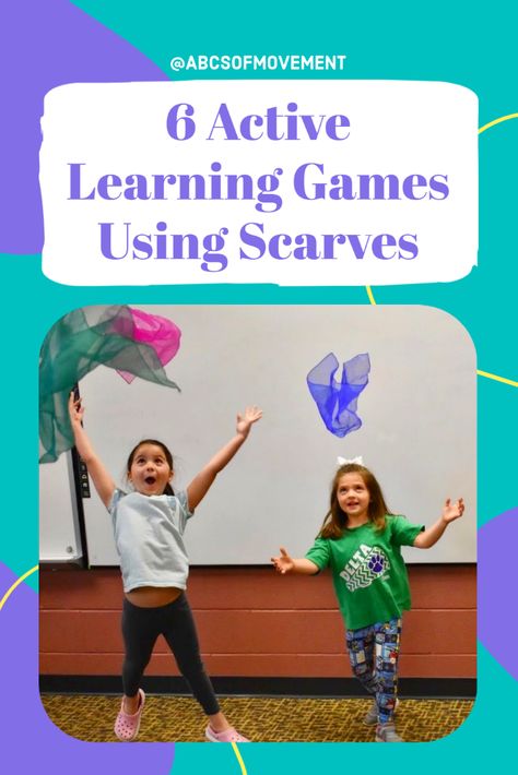 Scarf play is an excellent opportunity for preschool children to learn many developmental skills while swishing, floating, waving and tossing scarves. What looks like just fun and games is actually enhancing your child’s development in multiple areas.   You can do these at home, for free. As a school based physical therapist, I use these lesson plans all the time because I can modify them into a great therapeutic tool for my students with special needs AND they are standards based! Phys Ed Games Preschool, Physical Play Preschool, Pre K Movement Games, Preschool Songs With Scarves, Music And Movement With Scarves, Pe Games For Kindergarten Physical Activities, Dance Games For Preschoolers, Scarf Movement Activities, Scarf Dance Preschool