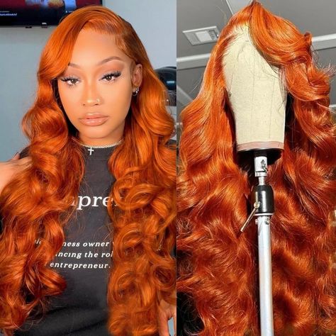 PRICES MAY VARY. Ginger Lace Front Wigs Human Hair Material : 100% Brazilian Virgin Hair, clean, healthy, soft, and bouncy, free from chemicals. Dyed using natural plant-based dyes, making this ginger orange wig look incredibly natural and beautiful Ginger Lace Front Wigs Human Hair Pre Plucked Features : We Use Natural Vegetable-based Dyes to Dye the Hair, Healthier and More Natural, Full and Thick, Soft & Bouncy, True to Length, No Tangle, No Shedding, No Smell, Durable, Reusable 180% Density Glueless Wigs Black Women Color, Orange Lace Front Wigs Black Women, Burnt Orange Wigs For Black Women, Ginger Wig On Dark Skin, Dark Ginger Wig, Fall Wigs For Black Women, Ginger Wig Hairstyles, Orange Wigs For Black Women, Ginger Wigs For Black Women