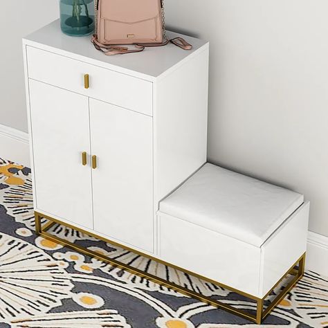 White Shoe Storage Bench 4 Shelves PU Leather Upholstered Shoe with Drawers & Flip Top Contemporary Shoe Rack, Shoe Rack Cabinet Design, Shoe Storage Design, Shoe Rack For Small Spaces, Small Shoe Rack, Shoe Storage Furniture, Modern Shoe Rack, Shoe Rack Bench, Shoe Storage Bench