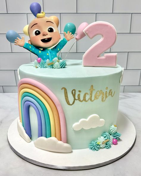 Cocomelon Cake Pastel Colors, Cocomelon Cake 3rd Birthday, Two Year Old Cocomelon Birthday, Coconelon Girl Cake, 2nd Birthday Cake Cocomelon, Cocomelon Pastel Cake, Simple Cocomelon Cake Ideas, Coco Melon 2nd Birthday Party Girl, Cocomelon 2nd Birthday Cake