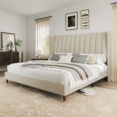 You'll love the Latitude Run® Beauviore Bed at Wayfair - Great Deals on all products with Free Shipping on most stuff, even the big stuff. Tall Bed, Tall Headboard, Wingback Headboard, Queen Size Bed Frames, Queen Bed Frame, Headboard Designs, Upholstered Bed Frame, Bedroom Headboard, Panel Headboard