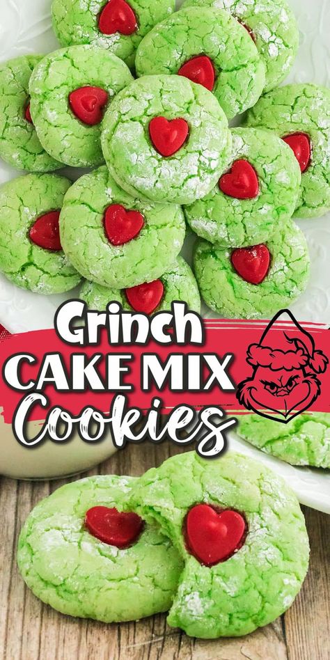 Chewy Christmas Cookies, Grinch Christmas Cookies, O Grinch, Grinch Cake, Christmas Cookie Recipes Holiday, Christmas Cookie Cake, Grinch Cookies, Christmas Baking Recipes, Cake Mix Cookie Recipes