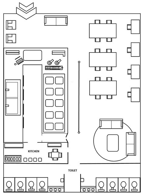 Canteen Layout Plan, Cafe Design Plan Layout, 2 Story Cafe Layout, Cafe Counter Layout Plan, Small Cafeteria Design Ideas, Bakery Layout Floor Plans Bloxburg, Ice Cream Shop Layout Plan, Coffee Shop Plans Architecture, Coffee Shop Layout Design