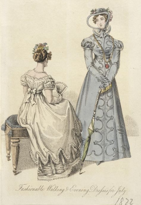 June 1822, England - Fashionable Walking & Evening Dresses for July 1859 Fashion, 1820 Fashion, Empire Outfit, John Bell, Empire Design, Walking Dress, Regency Gown, Regency Era Fashion, Regency Dress