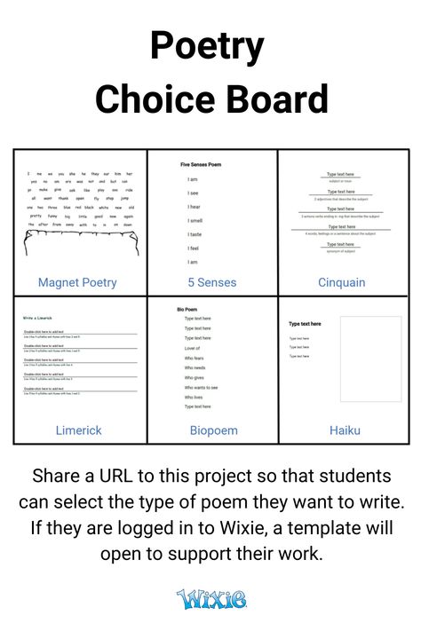 Share a URL to this project so that students can select the type of poem they want to write. If they are logged in to Wixie, a template will open to support their work. Poem Topics Ideas Poetry, How To Write A Poem For Beginners, How To Write A Poem Template, Types Of Poems Templates, Guide To Writing Poetry, Bio Poem Template, How To Analyse A Poem, 2024 Writing, Poem Structure