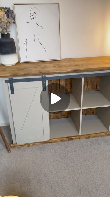 DIY Mum - Kayleigh Sherbourne on Instagram: "IKEA KALLAX transformation  This one is in my mum and dads house so I get to see it all the time.   I learnt a lot on this flip, lots of things I did different the second time round using the steel and barn doors. I countersunk the screws the second time around and used black screws so they weren’t so obvious.   #ikea #ikeahackersofficial #ikeahacksdiy #ikeakallax #ikeakallaxhack #ikeahome #ikeauk #furnituremakeover #furnitureflip #upcycledfurniture #upcycling" Ikea Kallax Desk Hack Home Office, Black Kallax Hack, Hack Ikea Kallax, Skruvby Hacks, Dy Ikea, Kallax Transformation, Ikea Hacks Kallax Regal, Hack Kallax Ikea, Kallax With Doors