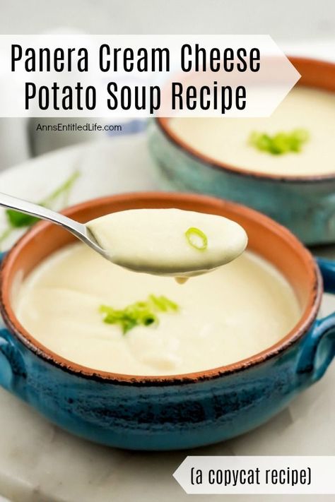 Potato Soup Cream Cheese, Potato Soup Panera, Cream Cheese Potato Soup, Cream Cheese Soup, Puree Soup Recipes, Copycat Soup, Cheese Potato Soup, Liquid Diet Recipes, Cream Cheese Potatoes