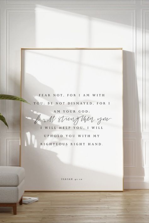 Isaiah 41 10 written in hand lettered script and typography in black on a white background. Bible Verse Frame, Bible Reminders, Aesthetic Corner, Aesthetic Bible Verse, Bible Verse Painting, Canvas Painting Quotes, Aesthetic Bible, Encouraging Verses, Bible Wall Art