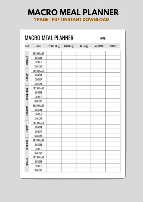 Macro Meal Planner, Weekly Fitness Tracker Template, Health & Wellness Template, Meal Prep, Printable and Easy to Download Fitness Tracker Template, Meal Prep Printable, Weekly Fitness Tracker, Wellness Template, Macro Meal Planner, Tracking Macros, Tracker Template, Macro Meals, Health Tech