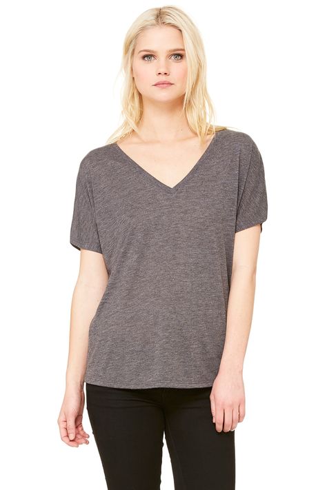 Women's Slouchy V-Neck Tee - BELLA + CANVAS || Need merchandise for your company? This wholesale clothing manufacturer and printer operates a #ZeroWaste, #Paperless facility. Everything is completely #MadeintheUSA and #SweatshopFree. Find more great products at @philorgs. Bachelorette Shirts, Bachelorette Party Shirts, White Vinyl, V Neck Tee, Bella Canvas, Dark Grey, V Neck T Shirt, Size Chart, Marble