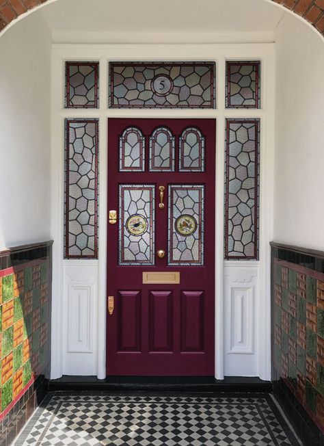 Dark Red Front Door, Victorian Front Door, Victorian Doors, Victorian Front Doors, Red Front Door, Victorian Door, Leaded Glass Windows, The Victorian Era, Door Company