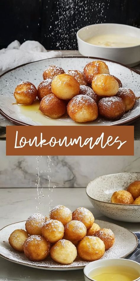 Loukoumades Ingredients: 1 cup all-purpose flour 1 teaspoon instant yeast 1/2 teaspoon salt 1 cup warm water 1 tablespoon sugar Vegetable oil, for frying 1/4 cup honey Ground cinnamon, for sprinkling Crushed walnuts (optional) #Loukoumades #Greekdonut Greek Loukoumades Recipe, Loukoumades Recipe, Greek Donuts, Quick Treats, Greek Desserts, Quick Easy Desserts, Easy To Make Desserts, Honey And Cinnamon, Desserts To Make