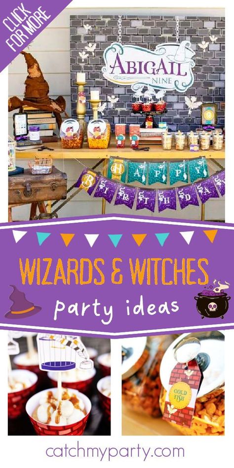 Don't miss this wonderful wizards and witches-themed birthday party! The dessert table is fantastic! See more party ideas and share yours at CatchMyParty.com Witches Birthday Party, Witch Birthday Party, Witches Birthday, Witchy Birthday, Wizard Birthday Party, Witch Birthday, School Birthday Party, Wizard Party, Girls Birthday Party Themes