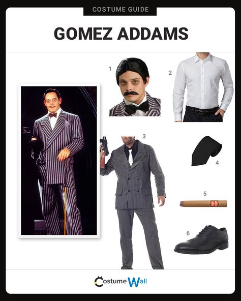 The best costume guide for dressing up like The Addams Family patriarch, Gomez Addams who starred in the television show and movie. Gomez Addams Costume Diy, Diy Gomez Addams Costume, Morticia And Gomez Addams Costume Diy, Morticia Addams Costume Diy, Adams Family Halloween Costumes, Halloween Costumes Adams Family, Gomez Addams Costume, Addams Family Costume, Adams Family Costume