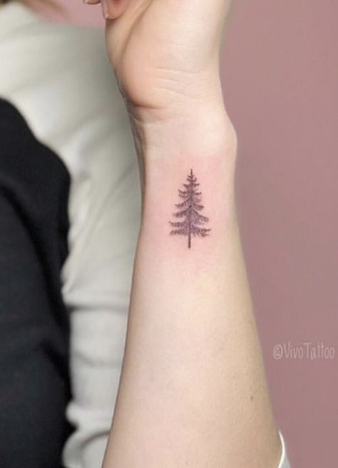 Small Evergreen Tree Tattoo, Pine Tree Wrist Tattoo, Christmas Tree Tattoo, Moutain Tattoos, Tattoo Klein, Evergreen Tree Tattoo, Pine Tattoo, Small Pine Trees, Tree Tattoos