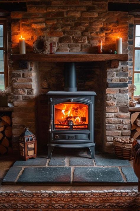 Wood Burning Stove Brick Wall, Diy Wood Stove Fireplace, Wood Stove With Stone Surround, Cozy Living Room With Wood Stove, Brick Surround Wood Stove, Wood Stove Bedroom, Wood Stove In Middle Of Room, Wood Stove Built In, Wood Stove Mantle Ideas