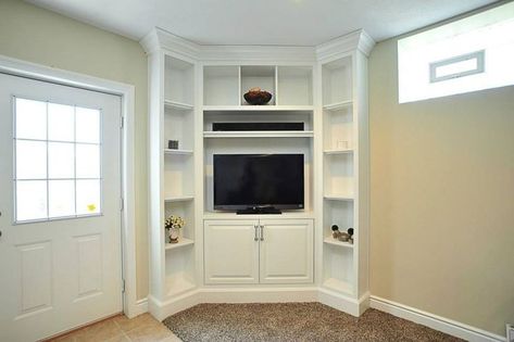 Entertainment Center Diy, Corner Entertainment Center, Corner Built In, Corner Tv Cabinets, White Entertainment Center, Entertainment Center Design, Corner Tv Unit, Diy Entertainment, Entertainment Center Repurpose