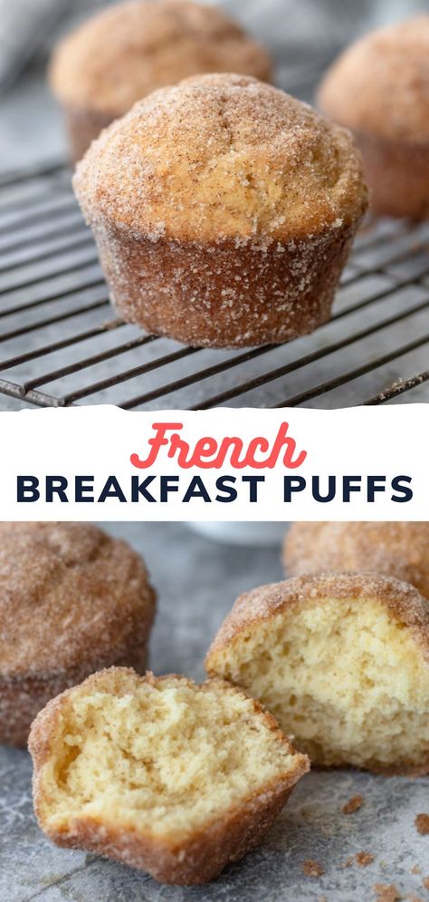 Cinnamon Sugar Breakfast, Breakfast Puffs, French Breakfast Puffs, French Donuts, Cinnamon Sugar Recipes, Cinnamon Sugar Muffins, Breakfast Donuts, Sugar Puffs, Cherry Pie Recipe