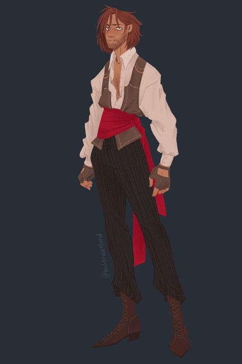 Fantasy Commoner Clothes, Pirate Outfit Men Drawing, Pirate Dnd Character, Pirate Outfit Men, Pirate Core Outfits, Dnd Pirate Character Design, Male Pirate Character Design, Sailor Character Design, Bard Character Design