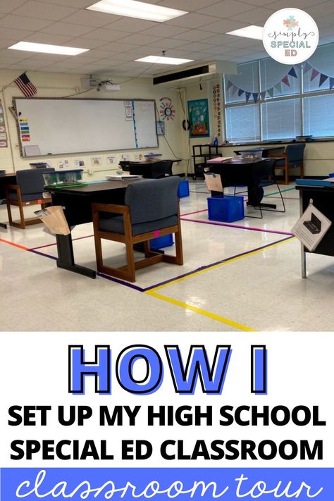 It's almost time for back to school and I am sure you are thinking about how you will setup your special education high school classroom. In this post, I am giving you a tour of my self-contained classroom. We have sensory areas for movement breaks and each student has a file folder Velcroed to their desk with daily work. We have a finished work areas and independent work area which has task boxes and file folder games. You will also find a word wall and visual schedules for each student. Work Boxes Special Education High School, High School Special Needs Classroom, Vocational Tasks Special Education High School, Special Education Classroom Setup High School, Special Ed High School Classroom, High School Sped Classroom Decor, Resource Room Ideas Classroom Setup High School, Self Contained Classroom Setup High School, Self Contained Classroom Setup Middle School