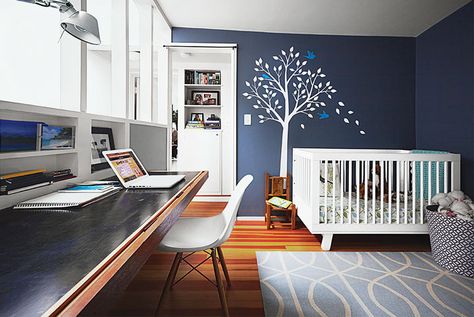 When pressed for space, find rooms that can do double duty. In a Boston row house, the office and nursery are combined. This originally appeared in Run-Down Row House in Boston Becomes a Quiet Urban Escape with Two Green Roofs. Baby Room And Office Combo, Office And Nursery Combo, Office Nursery Combo, Nursery Office Combo, Babyletto Crib, Handprint Cards, Home Office Nursery, Modern Crib, Home Office Design Ideas