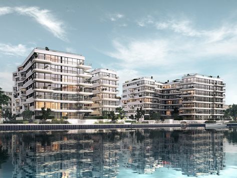 GRAFT Designs WAVE, a Green Oasis Along the Berlin Waterfront Waterfront Architecture, Residential Architecture Apartment, Architecture Render, Modern Residential Architecture, Tuscan Style Homes, Waterfront Apartments, Warehouse Design, Green Oasis, Apartment Architecture