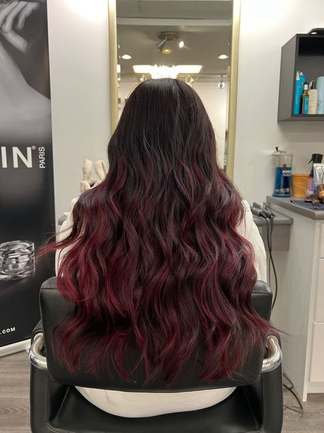 Black Root Burgundy Hair, Dark Red Hair Color Burgundy Wine Highlights, Wine Red Hair With Dark Roots, Indian Red Hair, Wine Balayage Hair, Burgundy Hair Balayage, Ombre Burgundy Hair, Cherry Red Highlights, Red Hair No Bleach