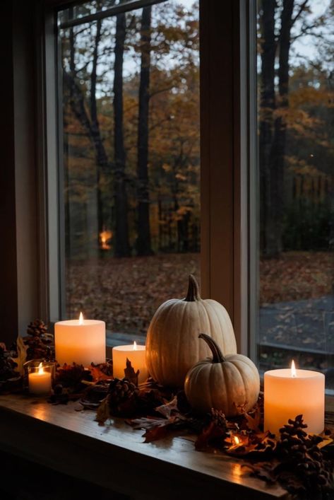 Pumpkin Living Room, Home Decor Thanksgiving, Autumn Aesthetic House Interior, Cosy Autumn Home, Fall House Inspiration, Autumn Interior Aesthetic, Fall Decor Window Sill, Hygge Autumn Aesthetic, Autumn Colour Living Room