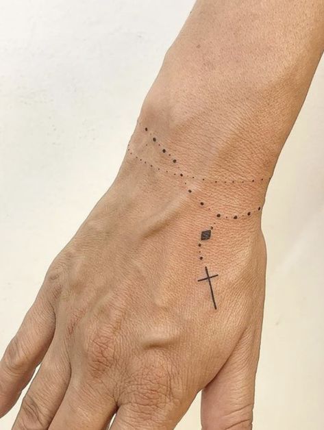 #tattoo Minimalist Rosary Tattoo, Rosary Wrist Tattoo For Women, Rosary Tattoo Wrist Woman Crosses, Dainty Religious Tattoos, Catholic Symbols Tattoo, Rosary Bracelet Tattoo, Rosary Tattoo For Women, Small Rosary Tattoo, Rosary Tattoo Design