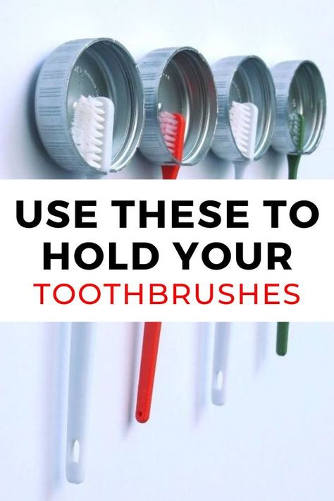 Get creative with your bathroom organization by using repurposed bottle caps as wall toothbrush holders. This storage idea is cheap and quick and kids can choose their own colors to match their toothbrushes. #diy #toothbrush #holder Diy Toothbrush Holder, Diy Toothbrush, Homemade Fabric Softener, Tooth Brushes, Basket Makeover, Rope Shelf, Diy Teething, Diy Towels, Homemade Laundry Detergent