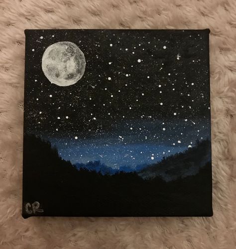 Night Stars Painting Easy, Simple Dark Painting Ideas, Night Time Paintings Easy, Black Canvas Christmas Painting, Dark Paintings Ideas Easy, Space Painting Ideas On Canvas, Canvas Night Painting, Black Sky Painting, Simple Space Painting