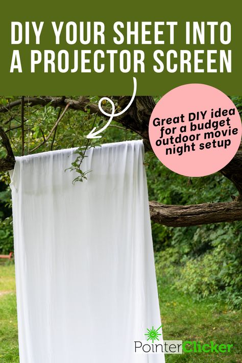 DIY your sheet into a handmade movie screen - great idea for a budget backyard movie night setup with your boyfriend, husband, family or friends Projector Screen Ideas Diy Backyard Movie Nights, Outdoor Movie Screen Diy How To Make, Projector Movie Outside, Diy Outdoor Screen Movie, Camping Projector Screen, Diy Movie Screen, Outdoor Movie Night Party, Backyard Movie Night Party, Outdoor Projector Screen