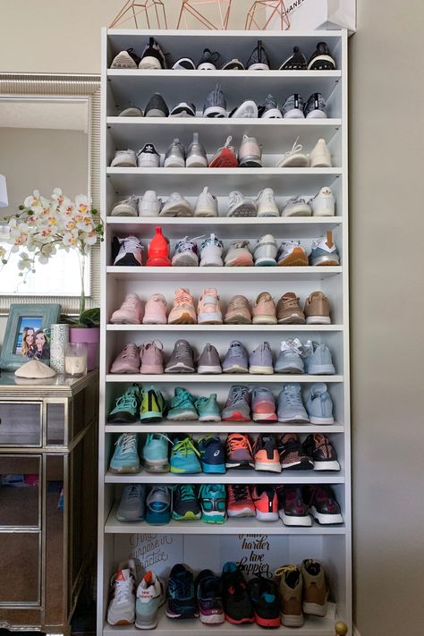 I KonMari-ed My Workout Clothes, and Now My Beloved Sneakers Bring Me Even More Joy Spin Shoes, Workout Clothes Cheap, Closet Shoe Storage, Ikea Bookshelves, Extra Shelf, Sneakers Jordans, Cat Litter Box Furniture, Konmari Method, Cat Furniture Diy