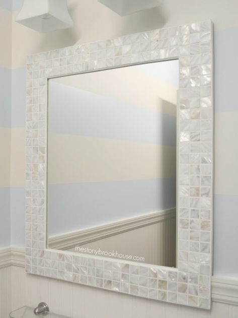 How To Make A Custom Tiled Mirror Tile Mirror Frame Diy, Mirror Border Diy, Tile Around Mirror, Diy Tile Mirror, Mirror Makeover Diy, Modern Bathroom Tiles, Tiled Mirror, Mirror Upcycle, Diy Mosaic Tiles