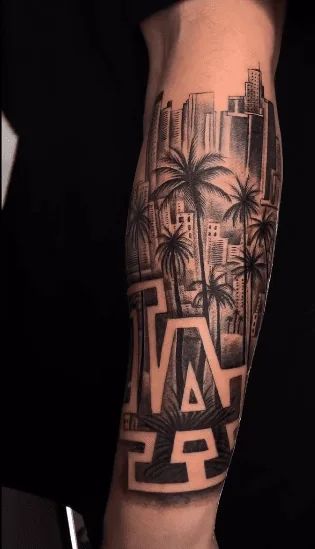 30+ Los Angeles Tattoo Ideas To Show Your Love For Tinseltown! Los Angeles Leg Tattoo, Los Angeles Sleeve Tattoo, City Tattoo Ideas For Men Sleeve, Leg Tattoo Theme, La Themed Tattoo, Cali Tattoo Ideas For Men, California Style Tattoo, Long Beach California Tattoo Ideas, California Leg Sleeve Tattoo