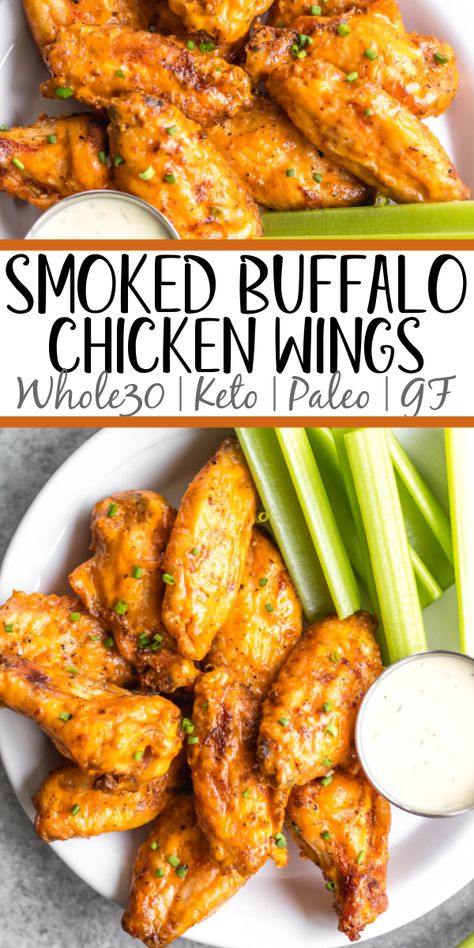 These Whole30 smoked buffalo wings are simple, easy to prepare, and always a crowd pleaser! These chicken wings require a few ingredients, and are not only Whole30, but also Paleo, gluten-free and low carb/keto. These wings are perfect for a healthy weeknight dinner, meal prep, or any gathering. Smoking wings is a straightforward process that anyone can master! #whole30chickenwings #whole30chicken #smoker #smokedwings #buffalowings #ketochicken Smoked Buffalo Wings, Whole30 Chicken Wings, Ranch Chicken Wings, Chicken Wing Marinade, Low Carb Paleo Recipes, Smoked Wings, Wings Recipe Buffalo, Smoked Chicken Wings, Smoked Food