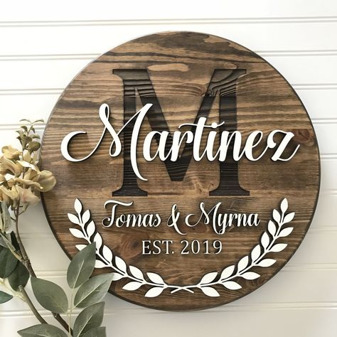 Circle Last Name Sign, Cnc Wedding Signs, Last Name Round Wood Sign, Last Name Monogram Ideas, Laser Wedding Gift, Layered Wood Signs, Laser Engraved Wedding Gifts, Wooden Last Name Signs, Last Name Signs Wooden Diy