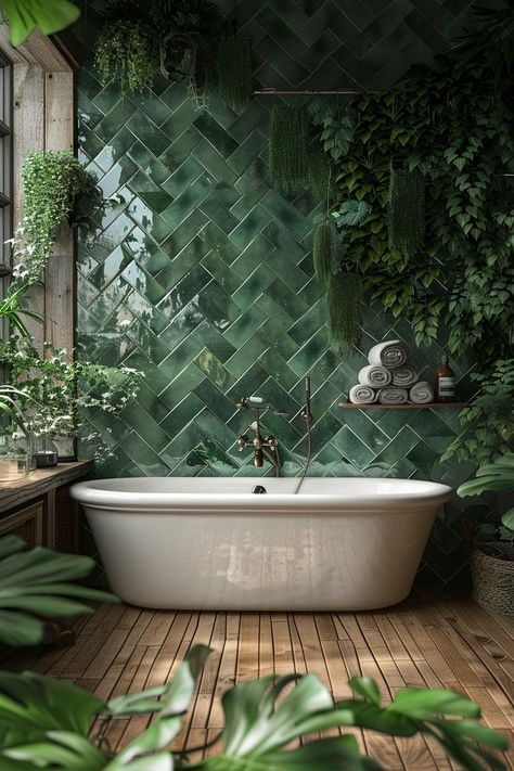 19 Trendy Bathroom Tile Ideas that WOW 32 Bathroom Tiles Inspiration, Nature Bathroom Ideas, House Mezzanine, Moody Bathrooms, Green And Brown Bathroom, Statement Bathroom, Nature Inspired Bathroom, Bathtub Ideas, Dark Green Bathrooms