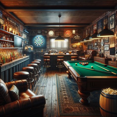 Step into a spacious man-cave with an earthy ambience. A rustic bar is loaded with spirits, across from a cozy lounge with a big-screen TV. Enjoy a game of pool or darts, or challenge your friends to foosball. Vintage memorabilia, neon signs, and a jukebox add to the fun. Popcorn anyone? 

#HomeDecor #ManCave #InteriorDesign #GameRoom #BarDesign #HomeImprovement Rustic Games Room, Attic Man Cave Ideas, Luxury Man Cave, Home Sports Bar, Bar Themes, English Bar, Tiny Cabin Plans, Vintage Sports Decor, Fun Popcorn