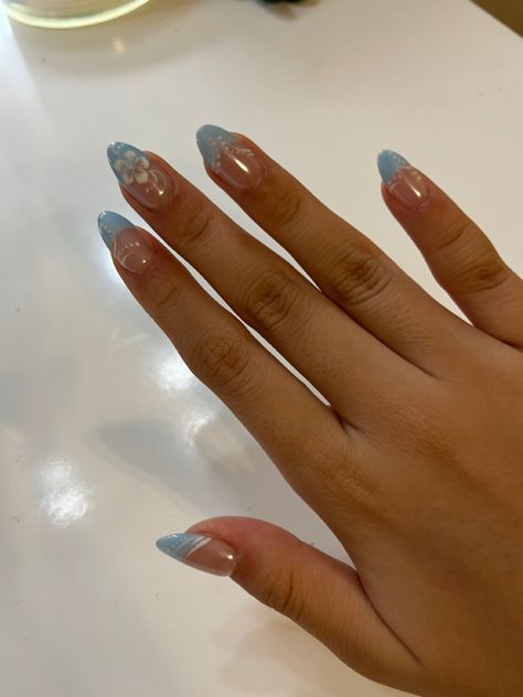 Almond French Tip Summer Nails, Beachy Acrylic Nails Almond, Acrylics For Vacation, Blue French Tip Hibiscus Nails, Florida Nails Acrylic, Light Blue Hibiscus Nails, Light Blue Nails Designs Ideas, Nail Inspo Simple Summer, Tropical Nails Almond