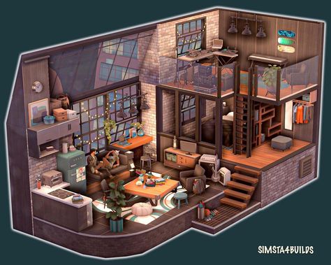 Sims Studio House, Sims 4 Tiny Home Layout, Sims 4 Bachelor Pad, Sims Home Decor, Sims 4 Build Inspiration, Sims 4 Loft Apartment, Sims 4 Loft House, Sims 4 Home Ideas, Sims Building Ideas