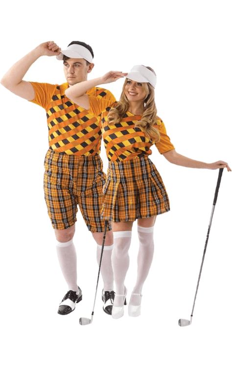 Golf Couple Costumes (Orange and Black) Golf Player Halloween Costume, Golf And Caddy Couple Costume, Golf Fancy Dress Ideas, Golf Couple Halloween Costumes, Pub Golf Fancy Dress, Golf Costume Ideas, Couples Golf Costume, Funny Golf Outfits, Couples Golf Outfit