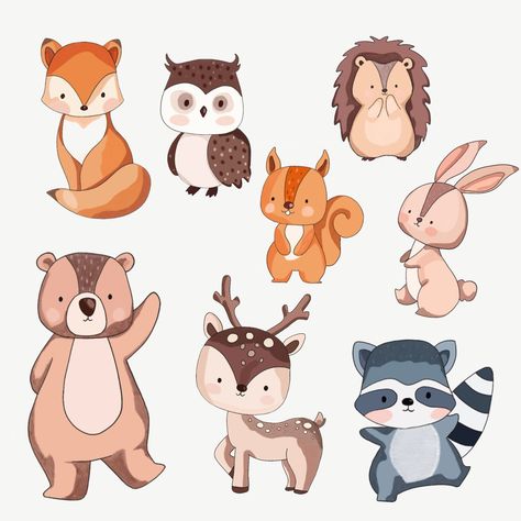 Cute Woodland Animals, set of 8, for your babies woodsy nursery! Woodland Drawing Forest Animals, Cartoon Woodland Animals, Cartoon Forest Animals, Woodland Animals Illustration, Woodsy Nursery, Woodland Characters, Woodland Animals Nursery, Safari Kids, Woodland Animal Art