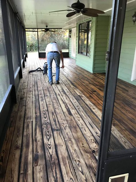 Torched Wood Floors, Torched And Stained Wood, Staining Treated Wood, Stained Wood Front Porch Floor, Staining Porch Wood, Burnt Wood Floors, Porch Stain Ideas, Torched Wood Projects, Stained Pressure Treated Wood