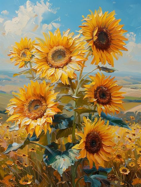 Sunflower Scenery Painting, Yellow Oil Painting, Romanticism Paintings, Texture Painting Sunflower, Sunflower Painting Van Gogh, Impasto Sunflowers, Oil Paint Sunflower, Sunflower Impressionist Painting, Inspirational Digital Art