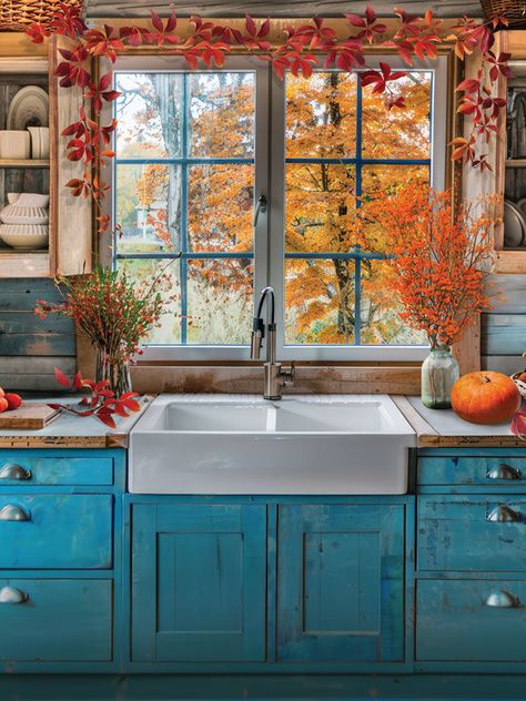 Cozy Autumn Kitchen Photography Backdrop - Photography backdrop featuring a rustic autumn kitchen with blue cabinets Red Orange Yellow Kitchen, Orange Kitchen Aesthetic, Orange Blue Kitchen, Rustic Kitchen Blue, Blue Autumn Aesthetic, Autumnal Kitchen, Blue And Orange Kitchen, Autumn Kitchen Decor, Seasonal Photography