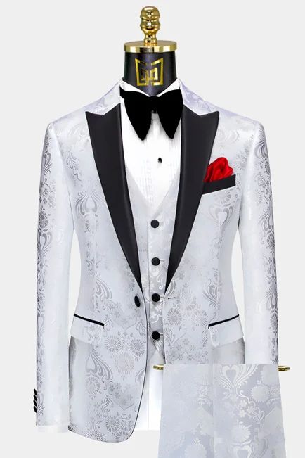 Men's Suits | Gentleman's Guru White And Silver Tuxedo, Purple Prom Suit, Latest Suit Styles, Silver Tuxedo, Prom Tux, Tuxedo Prom, Prom Tuxedo, Big Men Fashion, Timeless Outfits